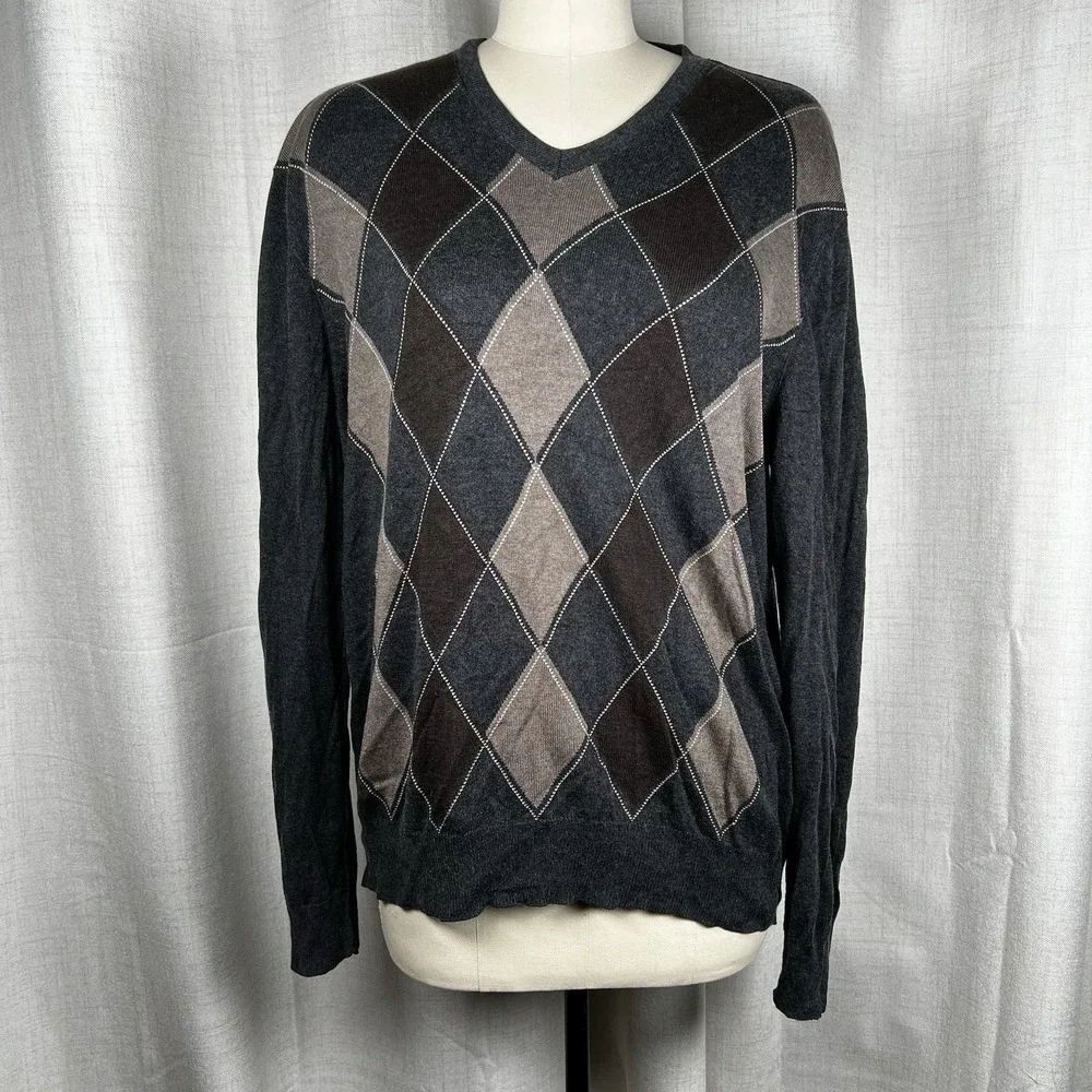 Banana Republic Sweater Mens XL Grey Brown Argyle Silk Cashmere Blend V Neck